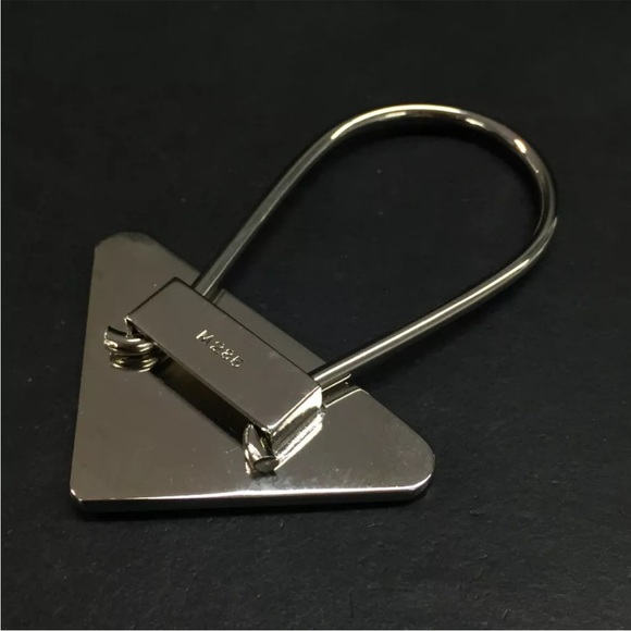 PRADA Triangle Logo Plate Silver Tone Key Ring Holder Bag Charm - Picture 5 of 8